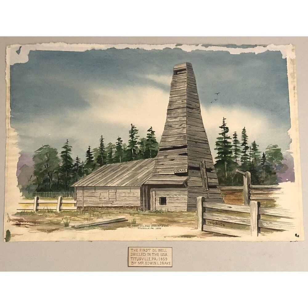 21.75"x15.25" Original Watercolor PAINTING First Oil Well by JOYCE GILBERT 1981